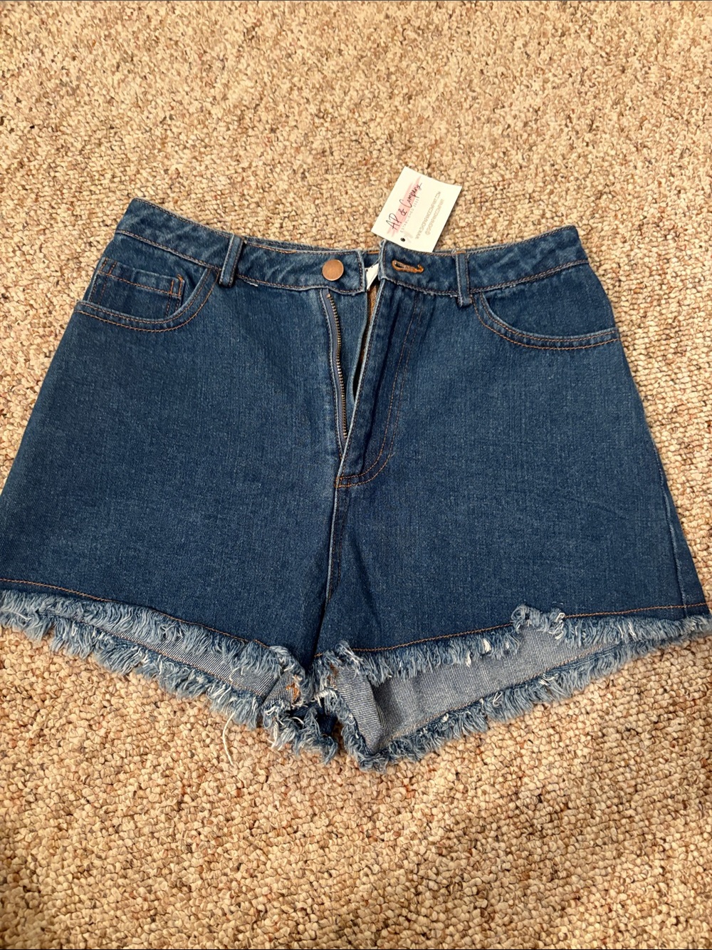High-Rise Frayed Hem Denim Shorts - Dark Blue
